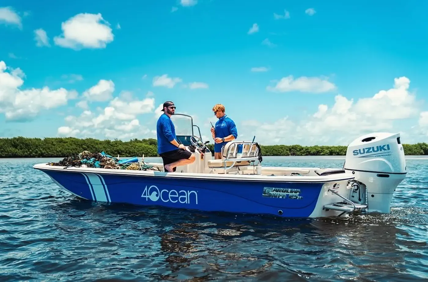 A 4ocean boat working a mangrove channel